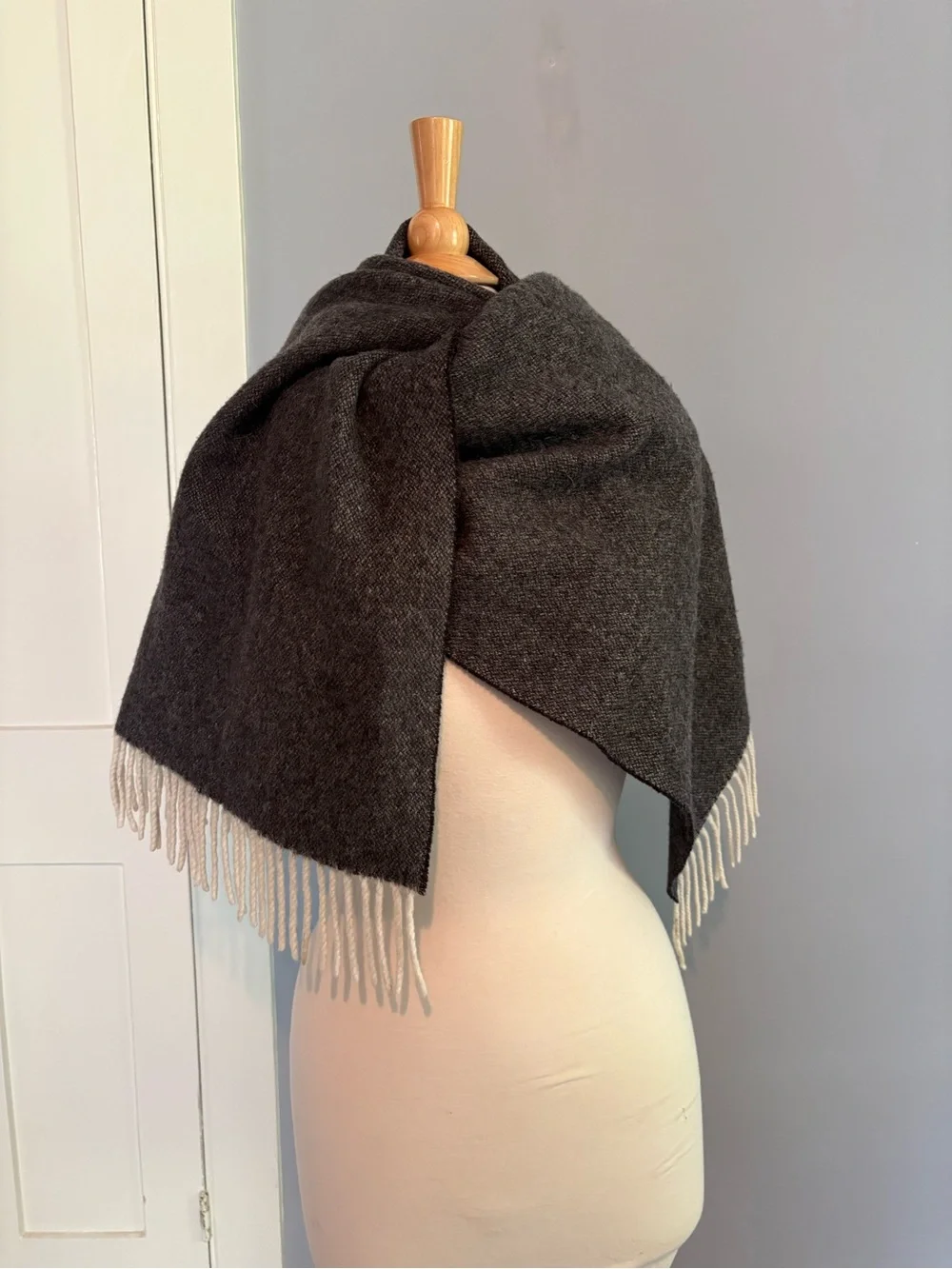 Rodebjer 100% Wool Charcoal Gray Scarf with White Fringe